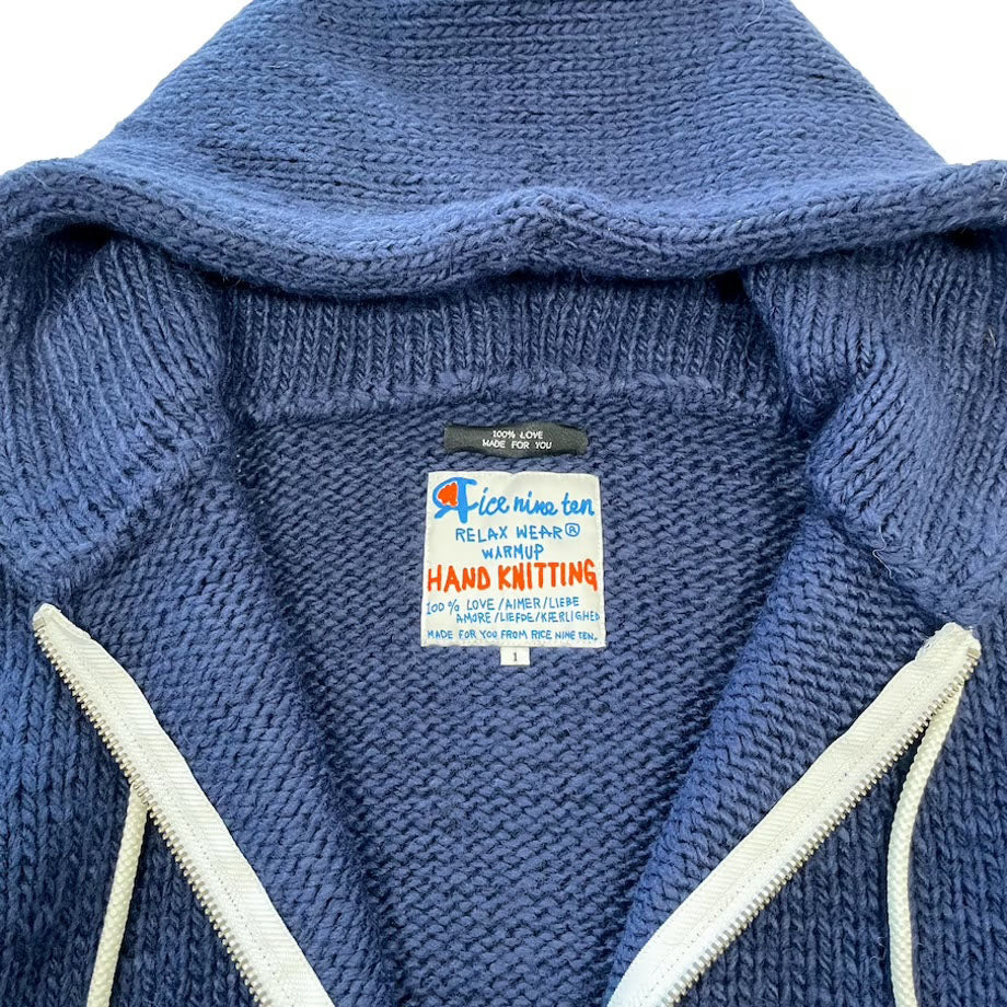 Hand Knitted Zip Hoodie Blue by RICE NINE TEN sold at nation Osaka.
